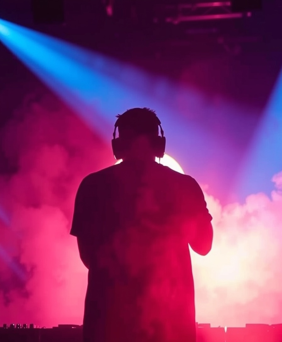 FLUX prompt: creative silhouette photo of a DJ on stage facing the camera, it's at night, loa...