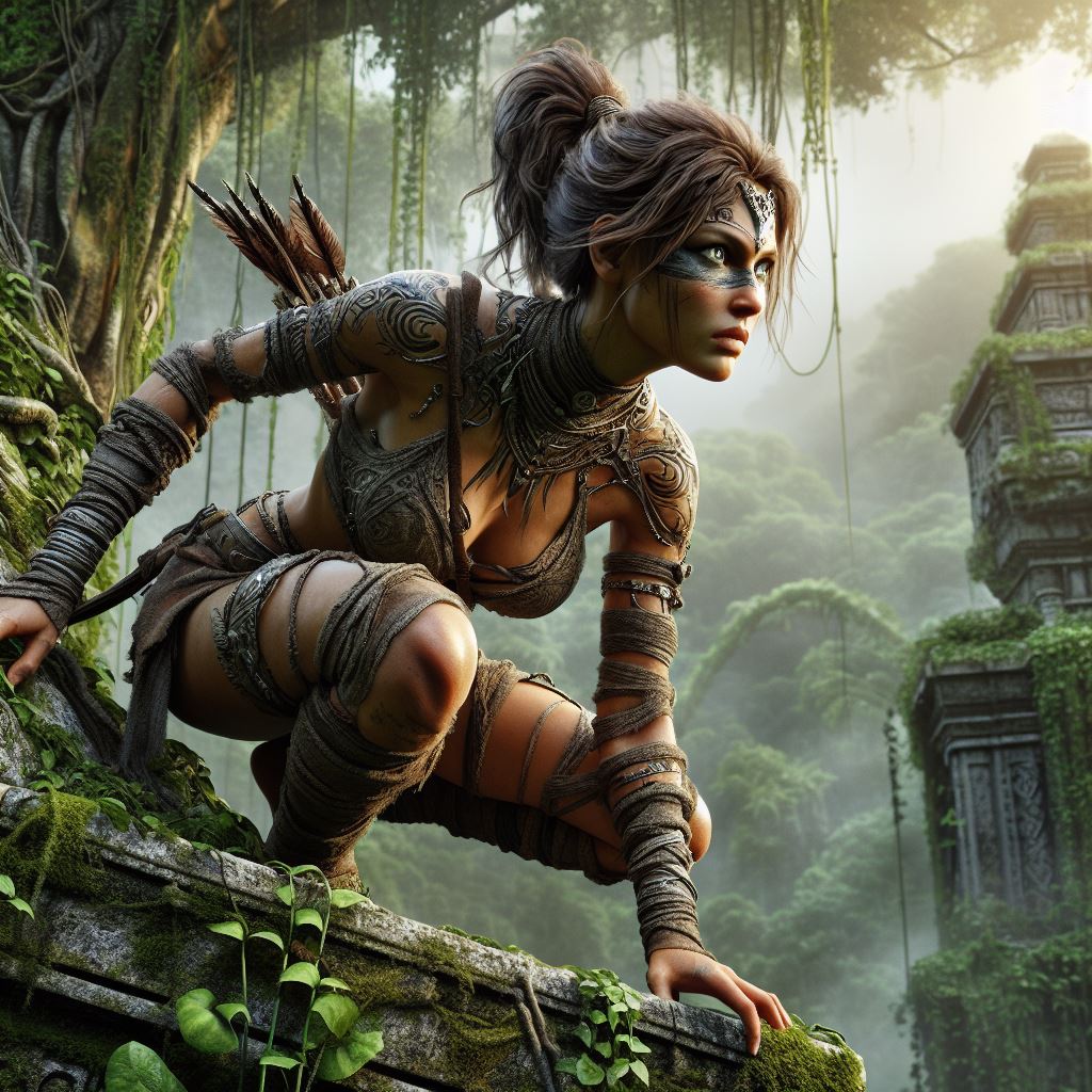 DALL·E prompt: In a lush, overgrown jungle, a fierce and agile warrior-queen stands atop an anc...