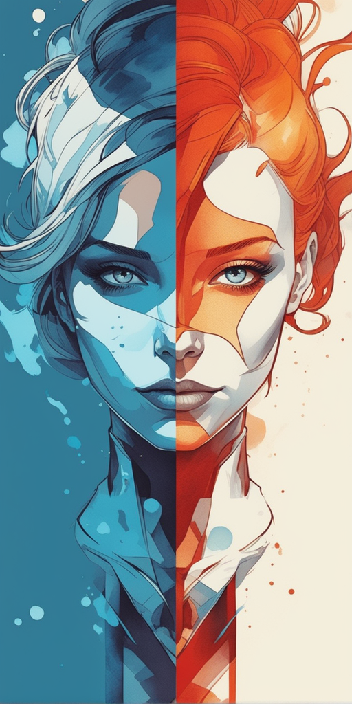 DreamShaper prompt: a woman with red hair and blue eyes and a white face, beautiful comic art, orang...