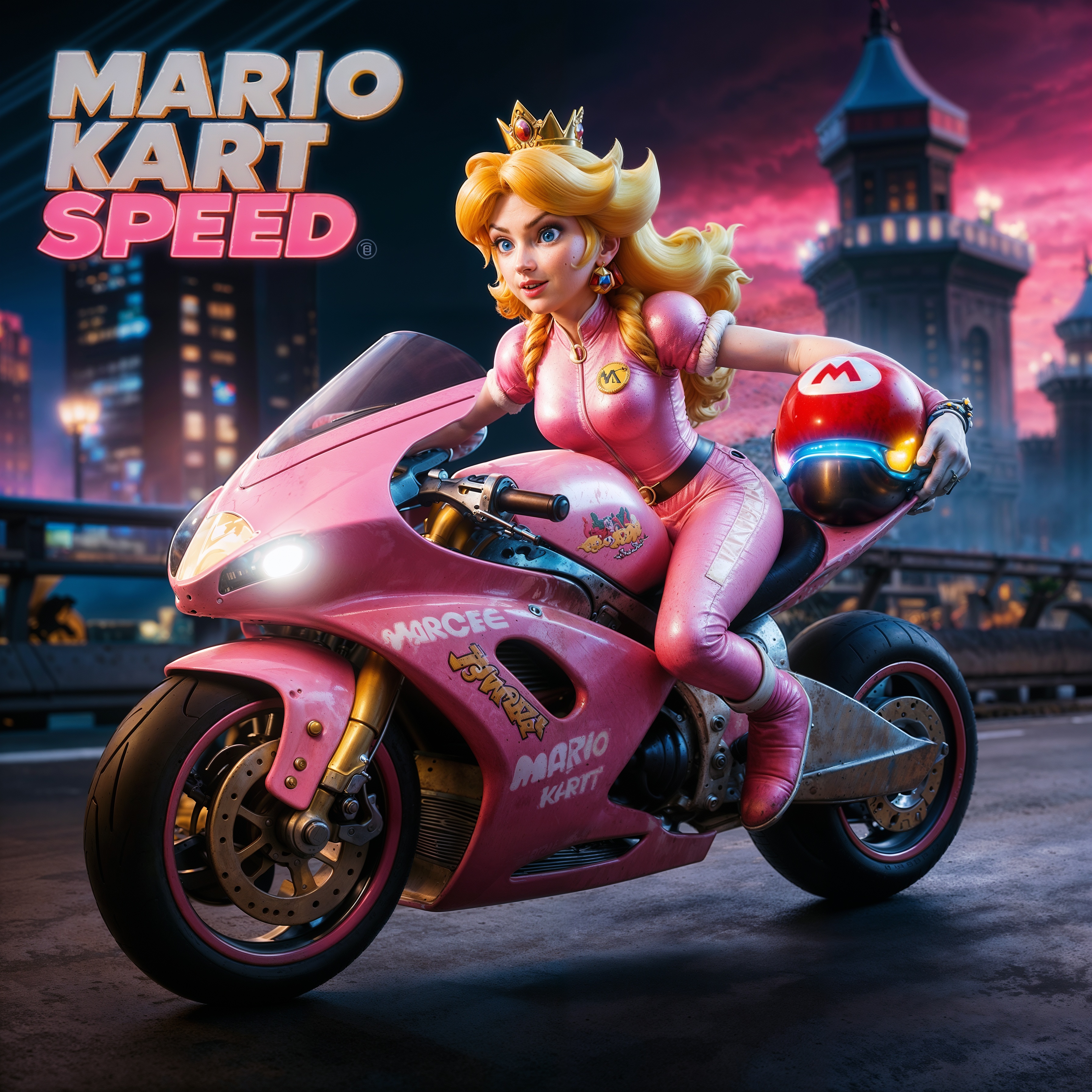 SD XL prompt: A stunning, ultra-realistic illustration of Princess Peach on a sleek pink Mario...