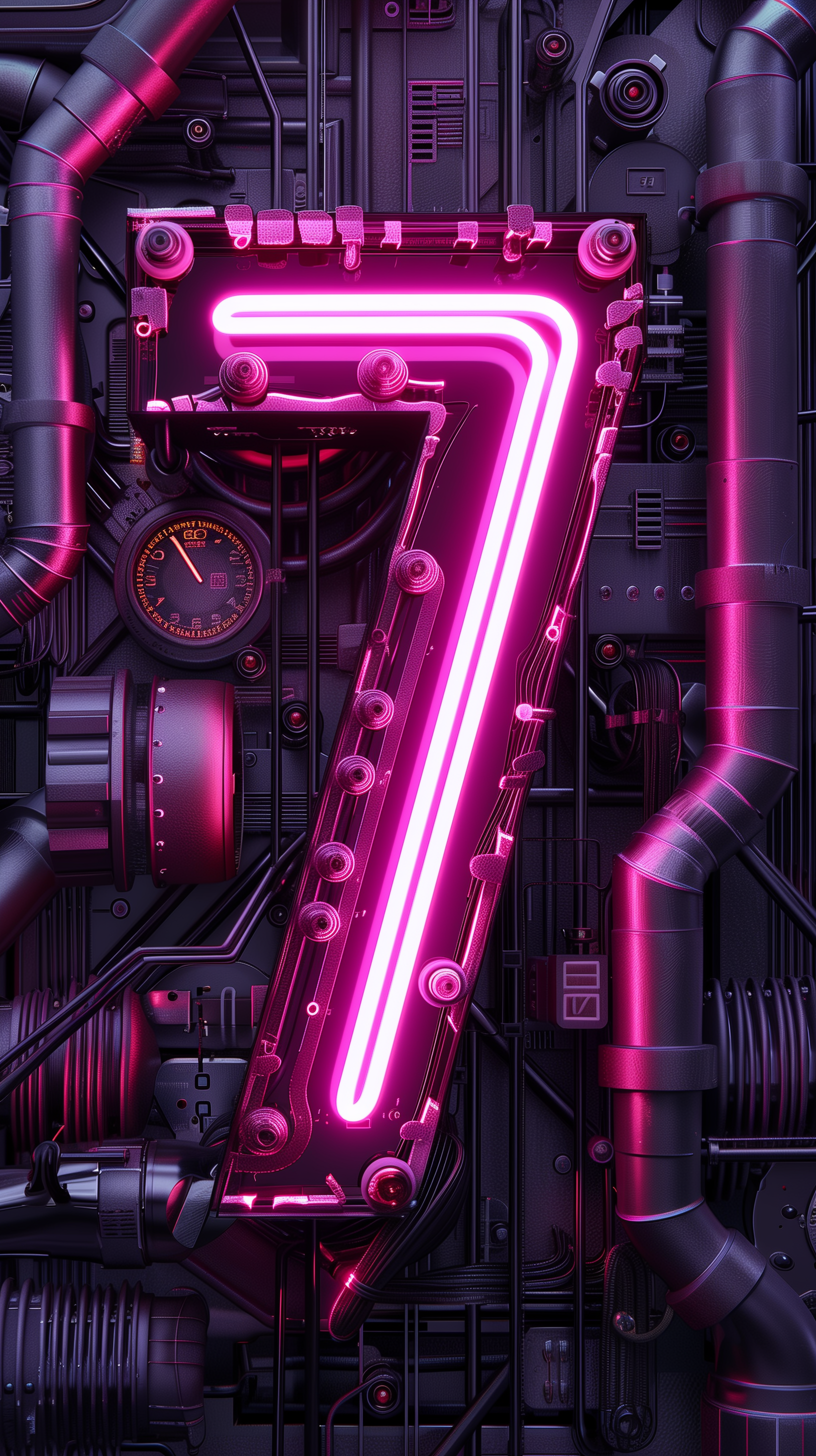 Midjourney prompt: number '7' sculpted from intertwined neon tubes in a bright magenta color, front...