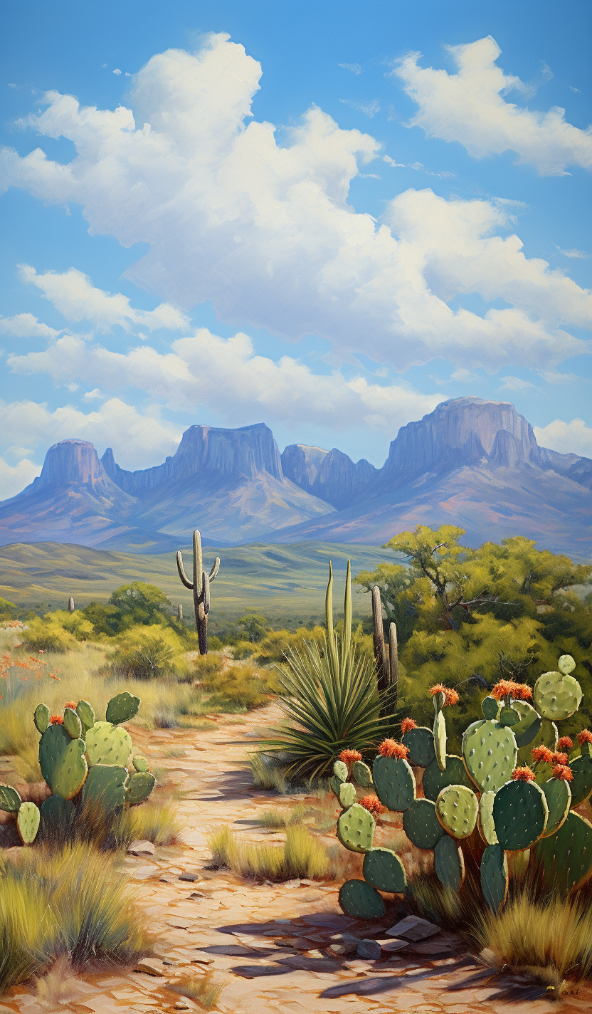 Midjourney prompt: A distant mountain peak in the Big Bonnet Mountains of west Texas, with desert p...
