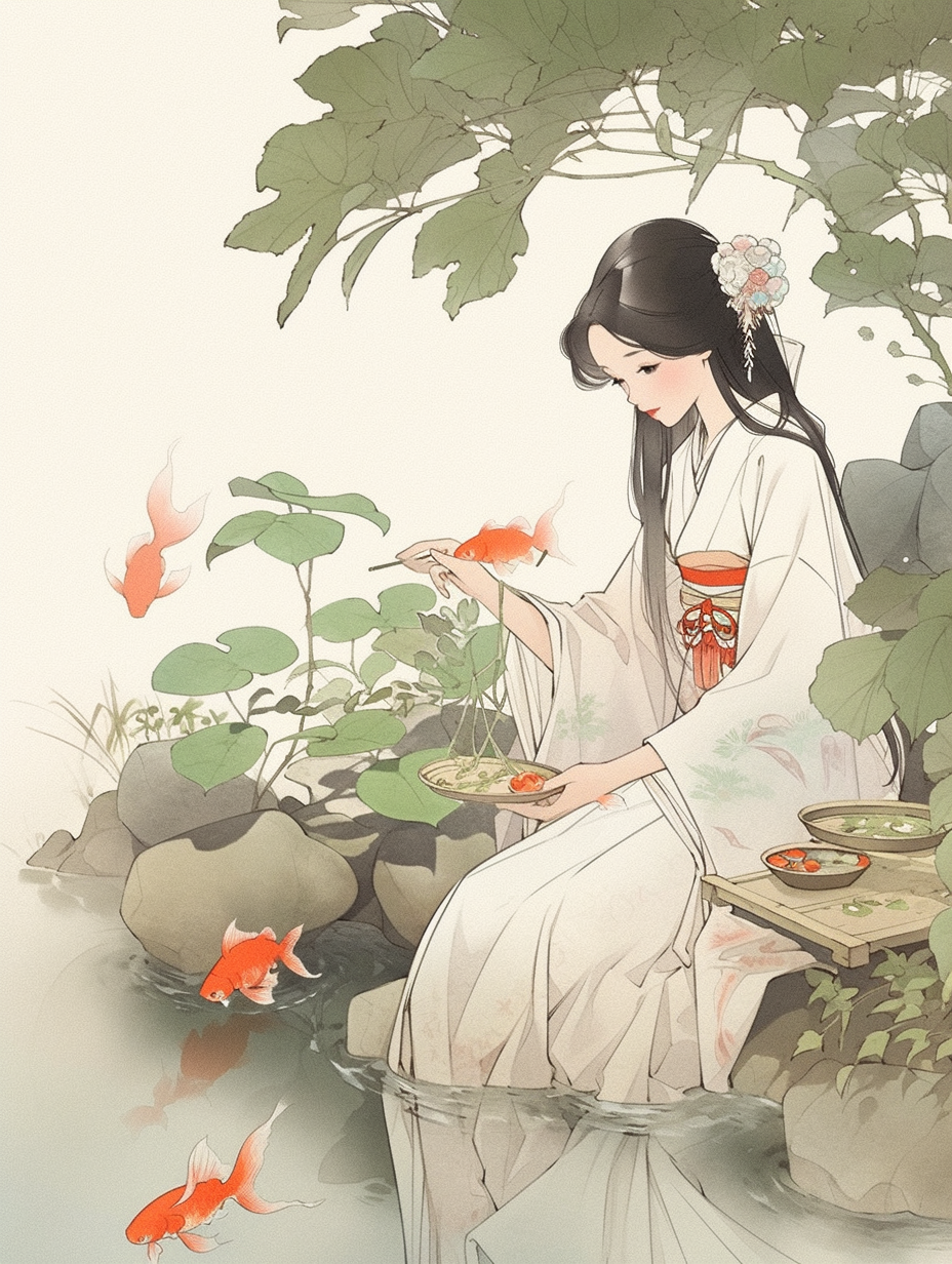 Midjourney prompt: Ancient Japan, Tokugawa Dynasty 400-year graceful and serene girl, serene eyes, ...