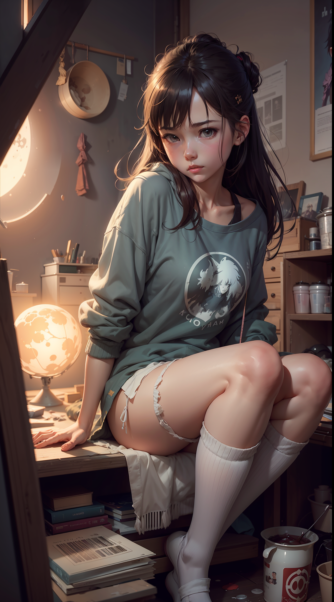 ReV Animated prompt: a girl, sitting in her messy room, in a room full of pots and trees, full moon i...
