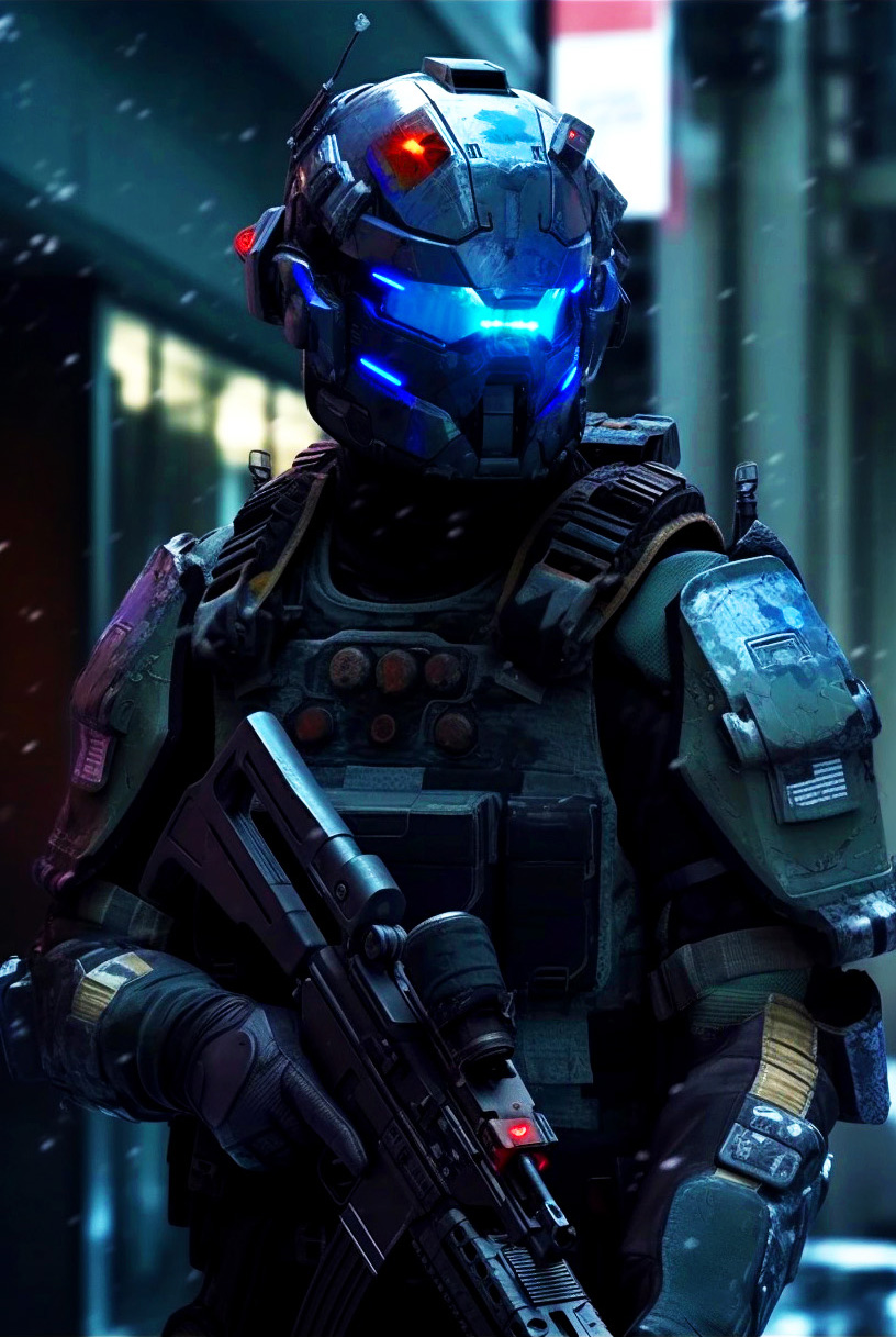 Midjourney prompt: Futuristic soldier with hi-tech armor and weaponry, holograms navigations, stree...