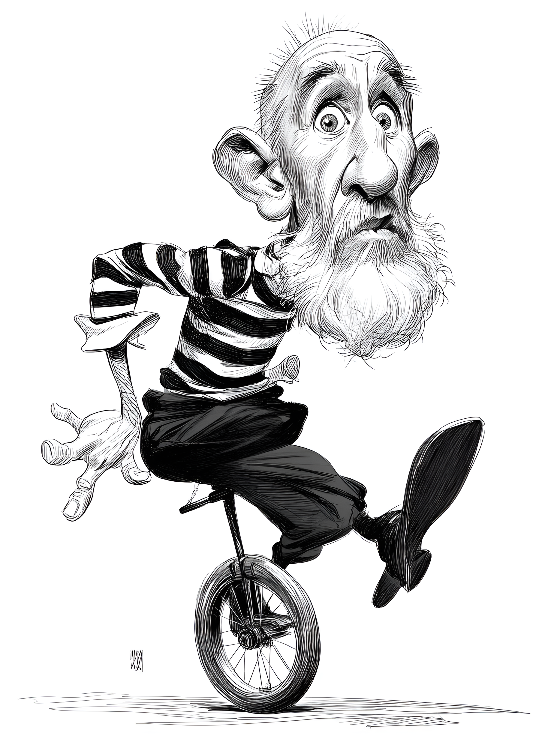 Midjourney prompt: funny caricature, acrobatic mime caricature, middle-aged caucasian male, 50 year...