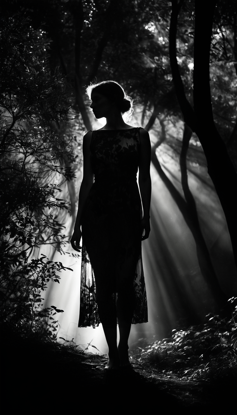 Stable Diffusion prompt: black and white photography, fashion editorial, a figure of beautiful darkhaired...