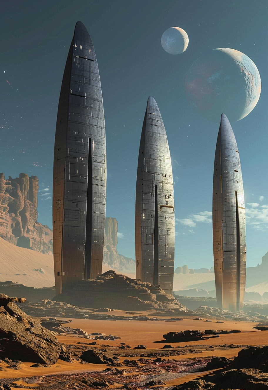 Midjourney prompt: A retrofuturistic scene of an alien planet with three large, sleek oval shaped s...