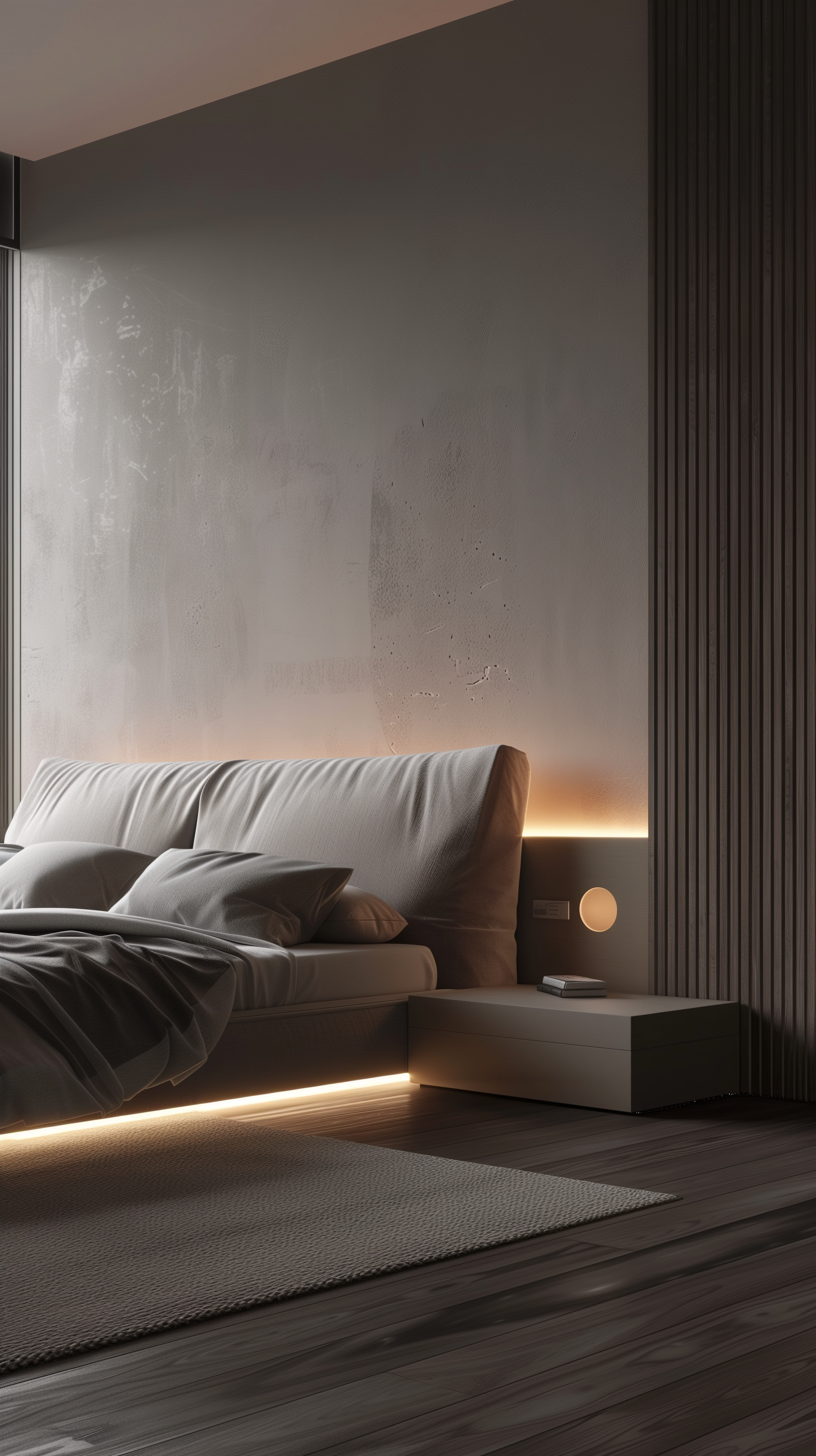 Midjourney prompt: tranquil bedroom design that emphasizes minimalism and comfort, featuring a low ...