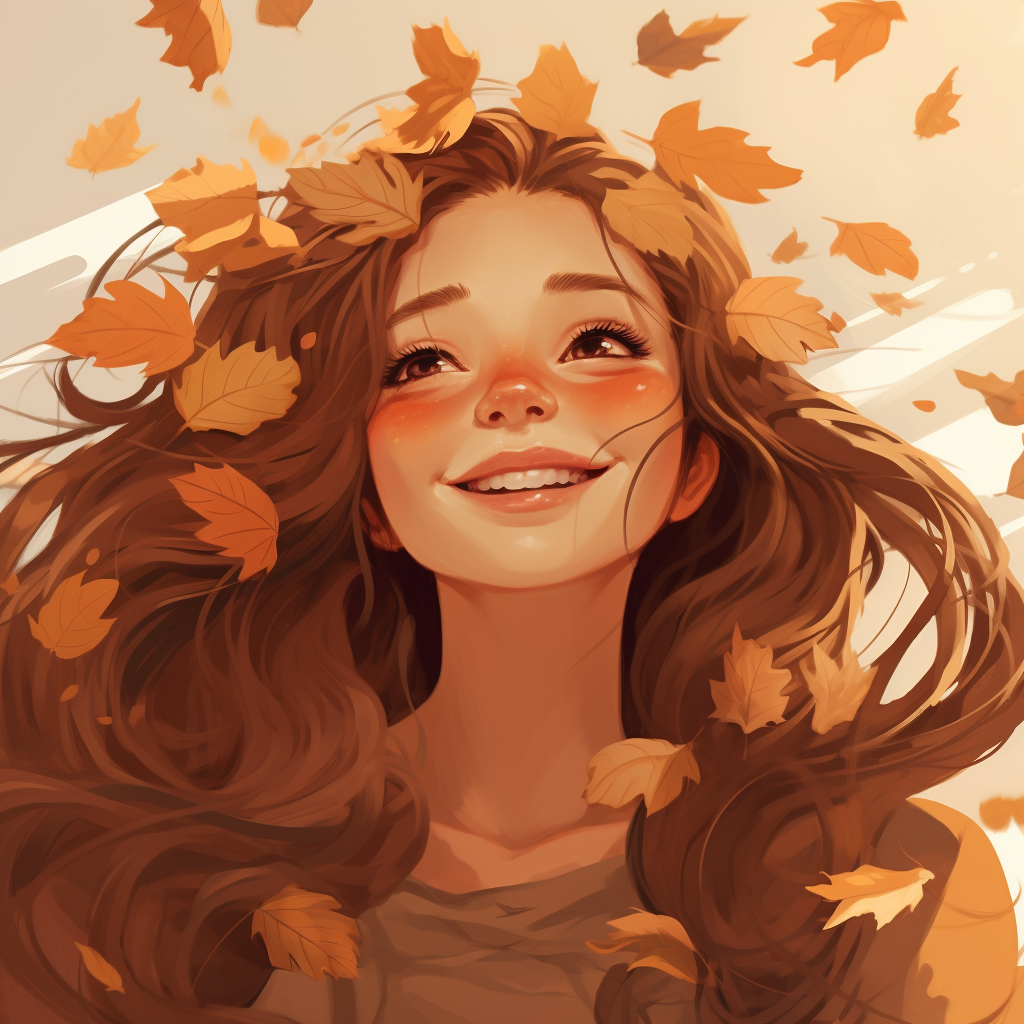Midjourney prompt: minimalism portraitface of smiling girl wearing a too big autumn leaf crown and ...