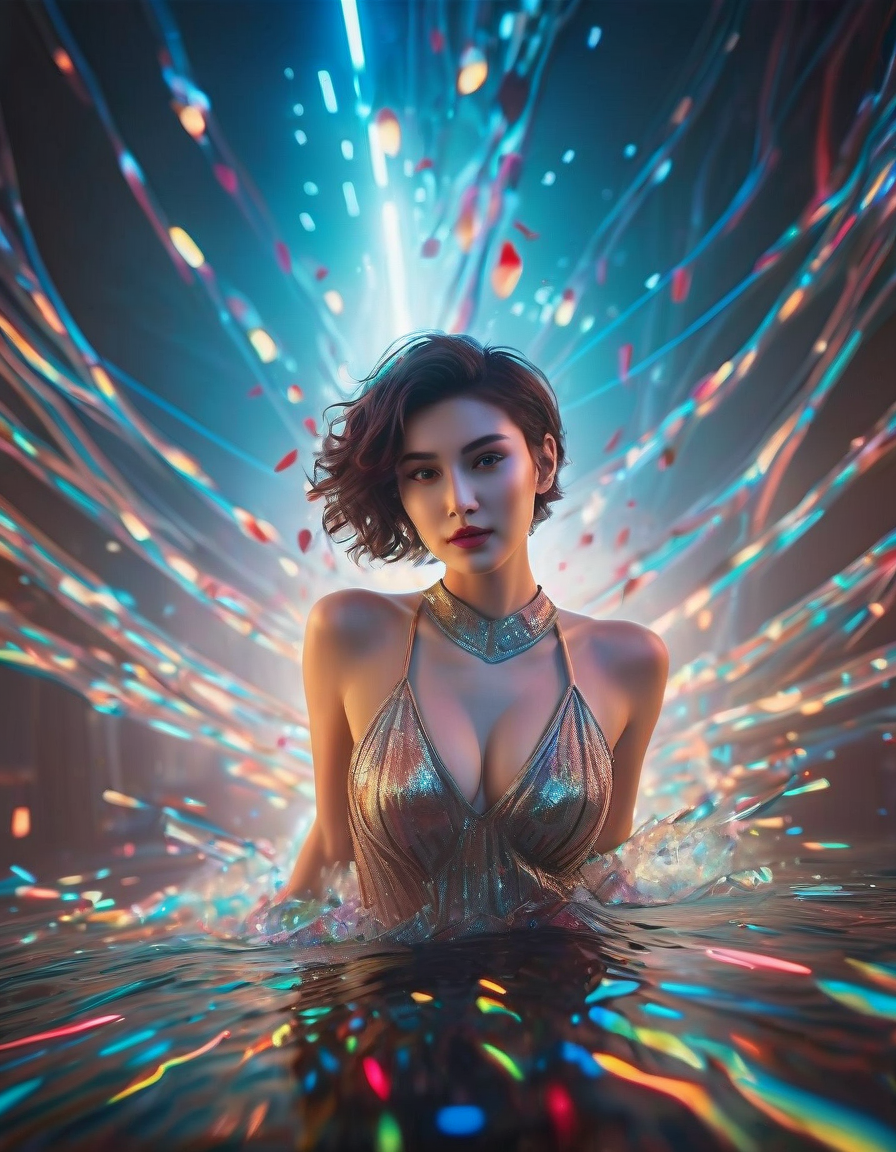 Realistic Vision V2.0 prompt: Woman in the water, close up, neon garland on background, luminescent particles,...
