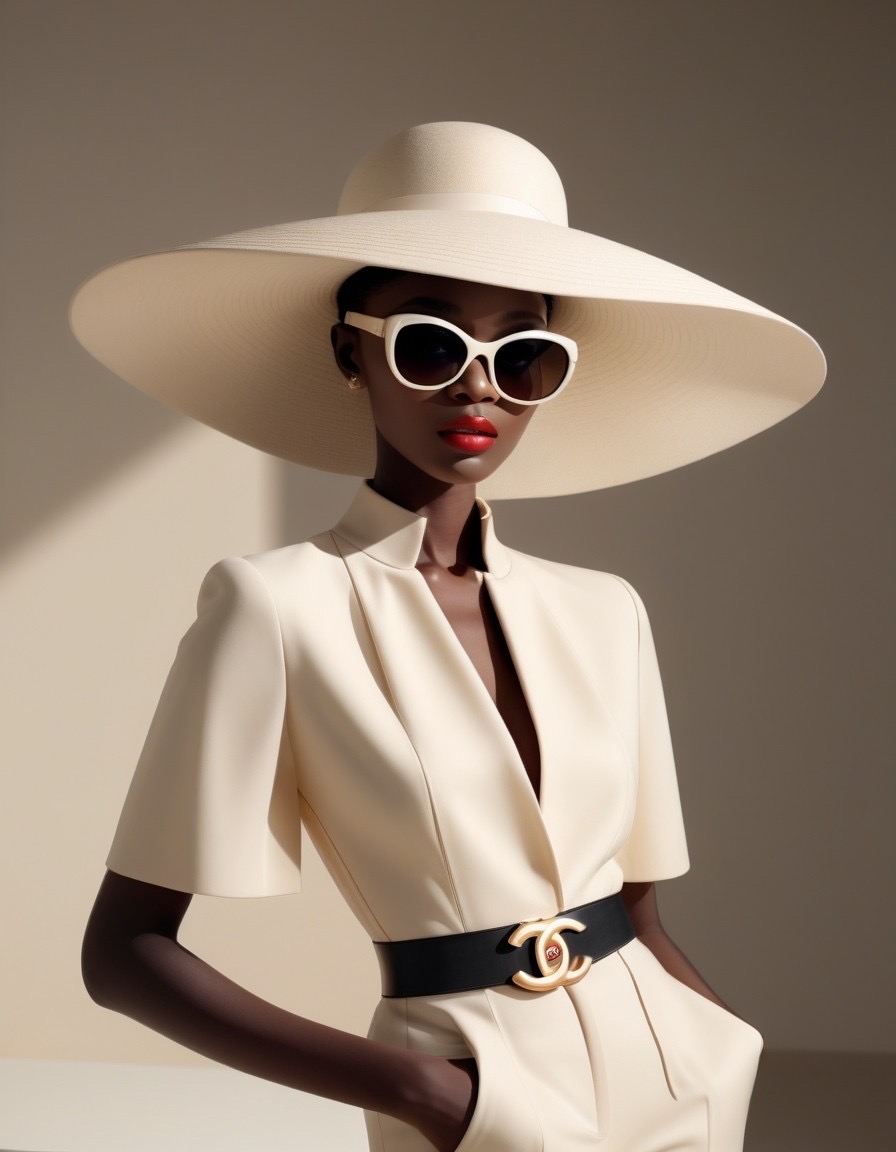 Stable Diffusion prompt: Fashion design work feauturing a (Chanel) female (Nigerian) model wearing minima...