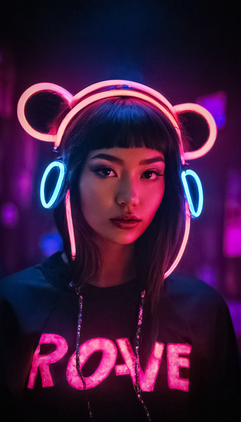 Stable Diffusion prompt: fashion editorial, a beautiful blackhaired asian woman in abstract headphones wi...