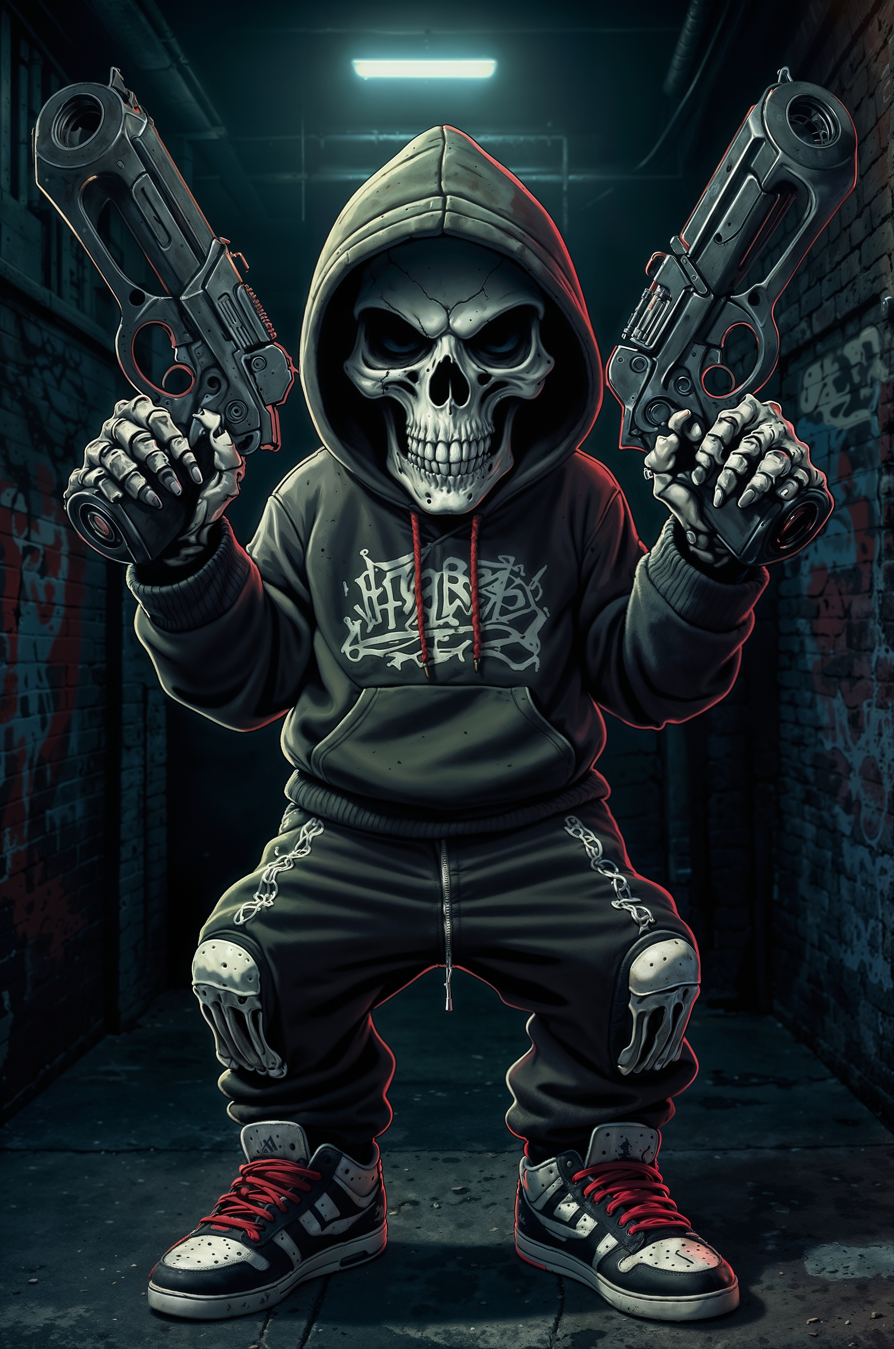 SD XL prompt: A striking, dark illustration in the graffiti style of a hip-hop-clad skeleton, ...