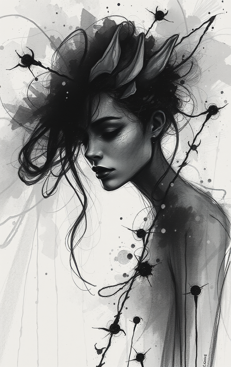 FLUX prompt: Charcoal and ink sketch, impressionistic and abstract style, magical atmosphere,...
