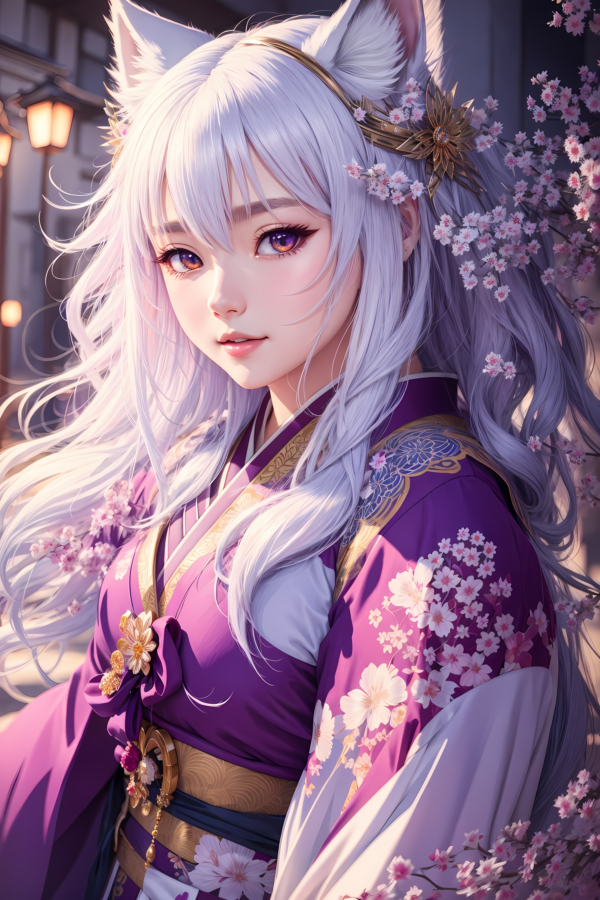DreamShaper prompt: a happy beautiful white-haired anime wolf girl wearing purple kimono, wavy hair,...