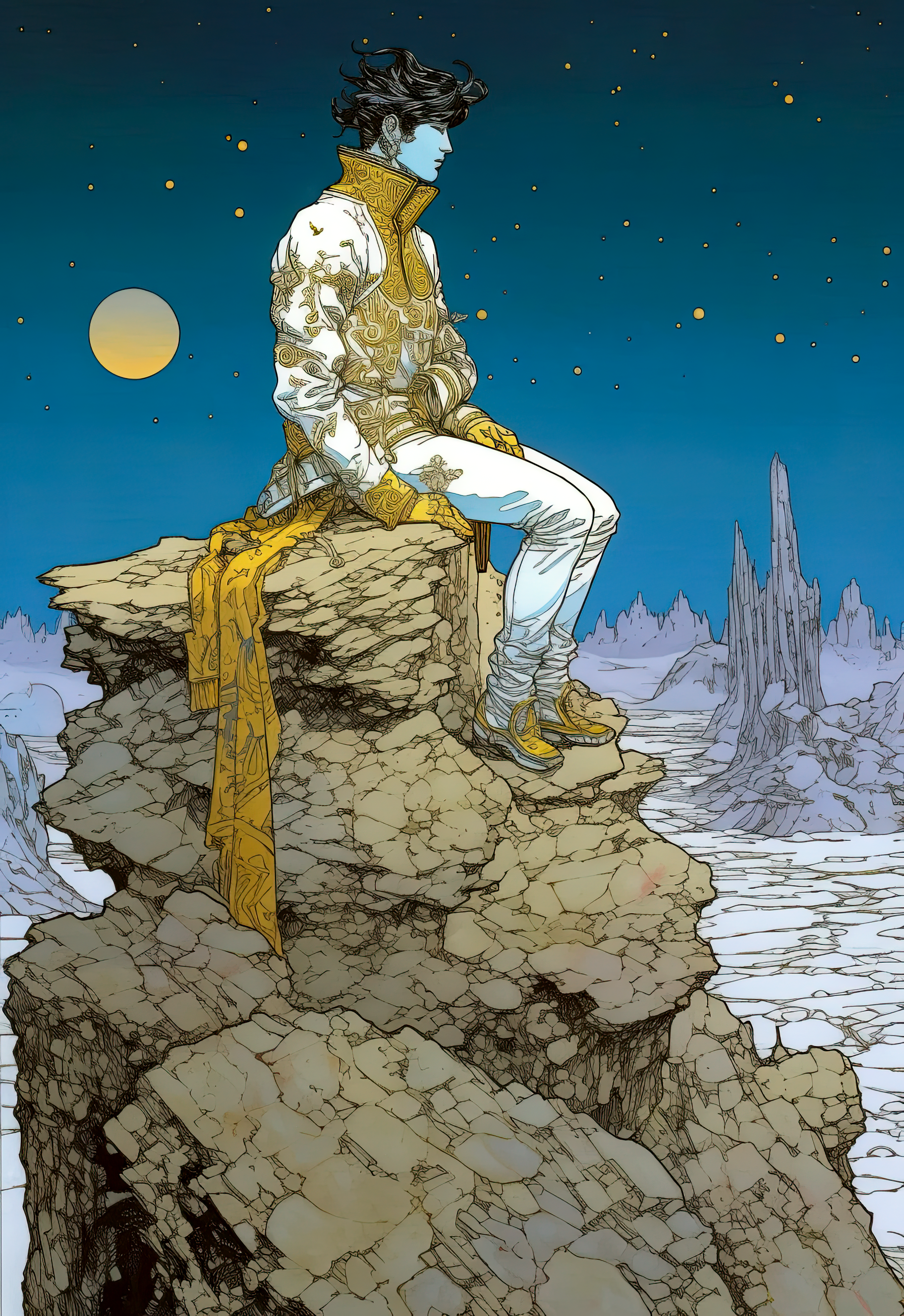 Midjourney prompt: an image of a man on top of a rock, in the style of colorful moebius, cyberpunk ...