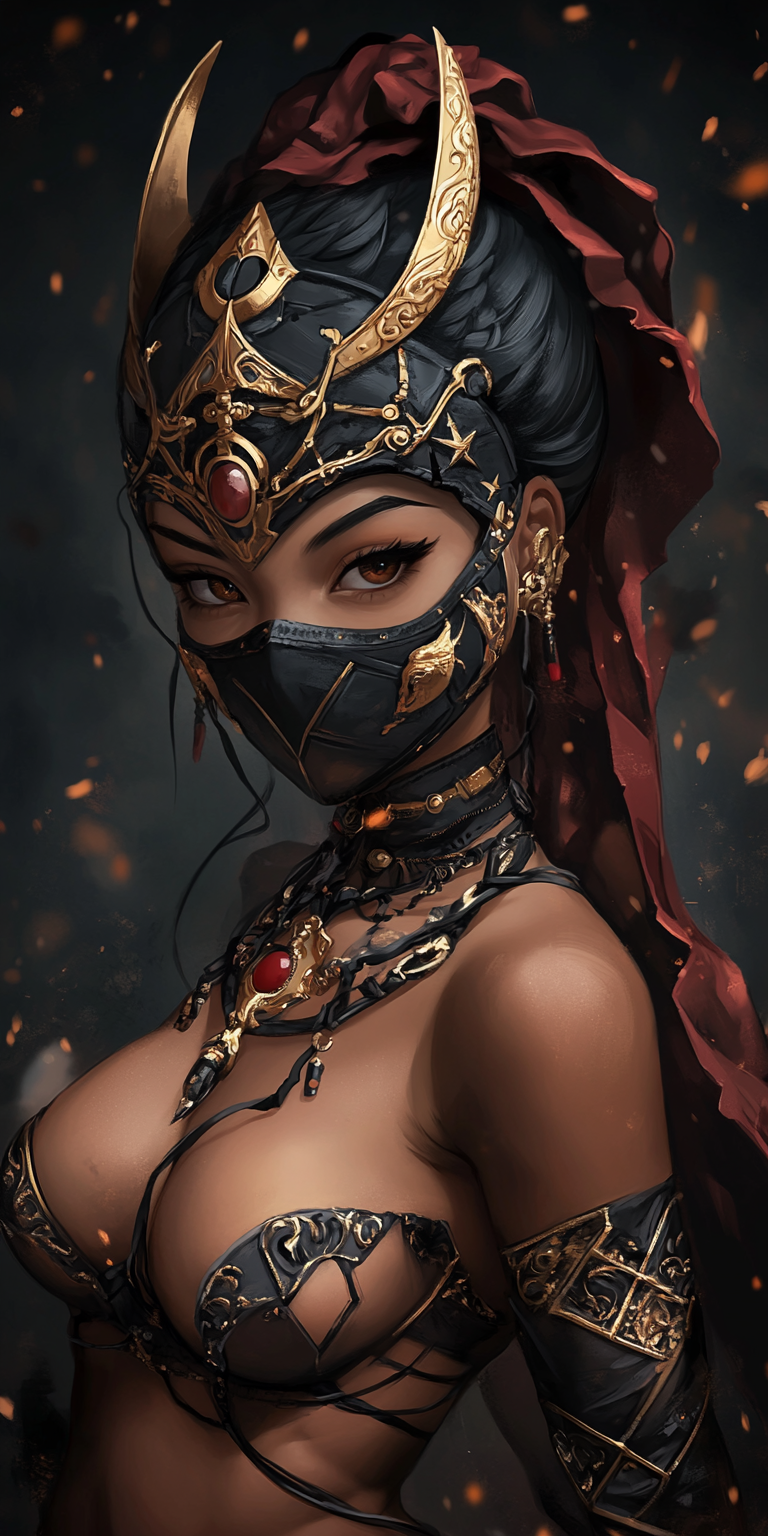 Midjourney prompt: A mysterious female warrior stands confidently, adorned in intricate armor with ...