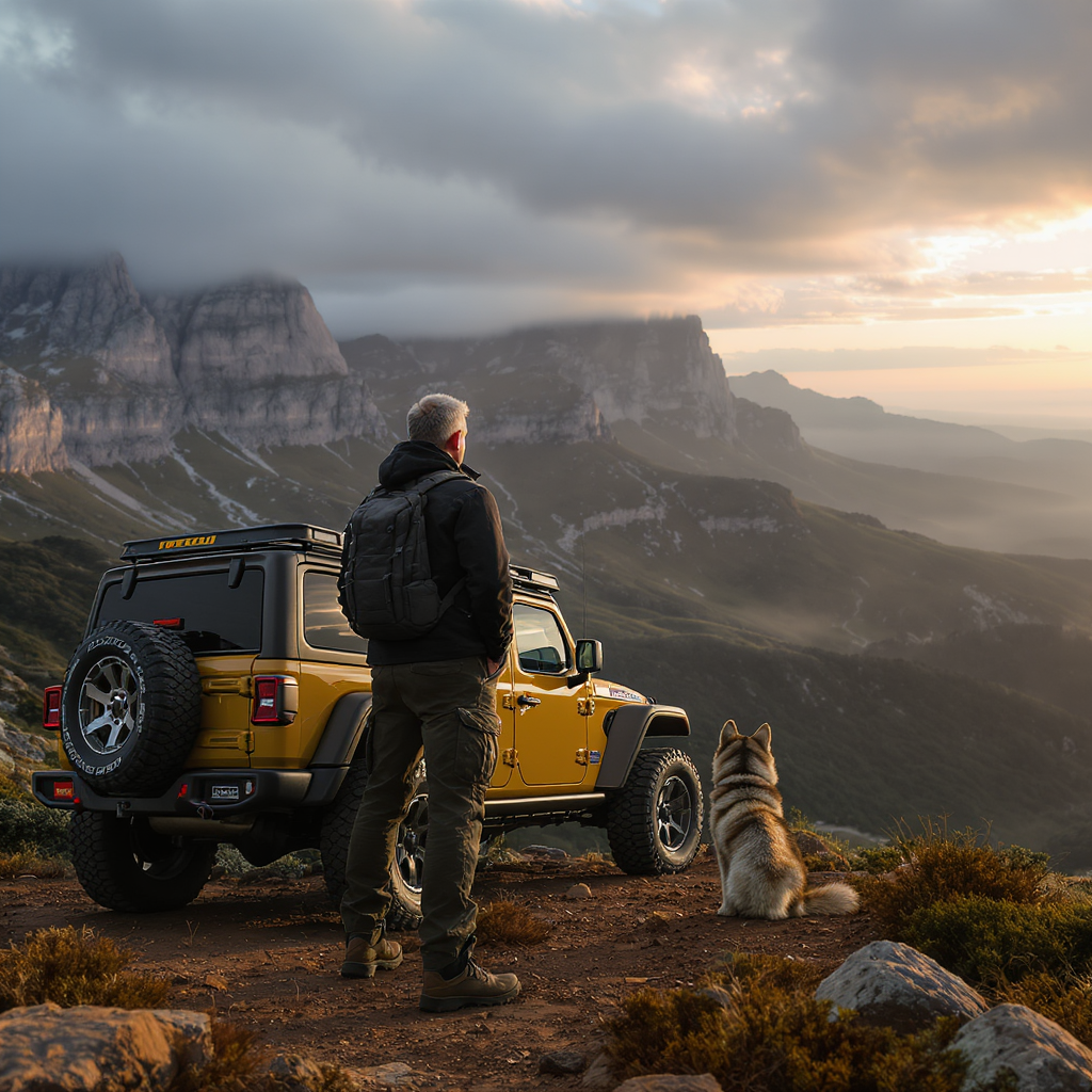 FLUX prompt: Photo of an ultra-realistic Jeep Gladiator, with dramatic lighting, pale sunrise...
