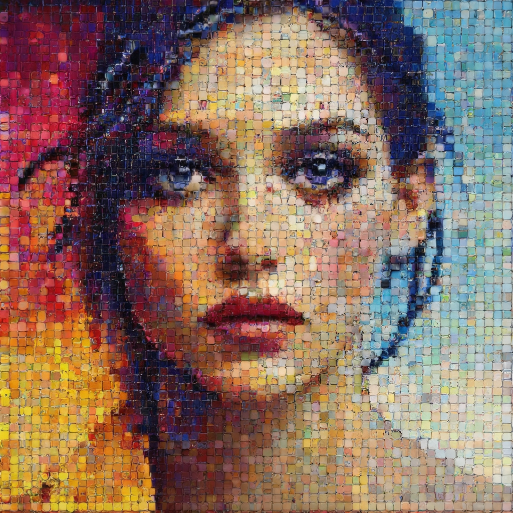 Stable Diffusion prompt: mosaic, pixelated, tablet, create an artwork that captures the form of a fashion...