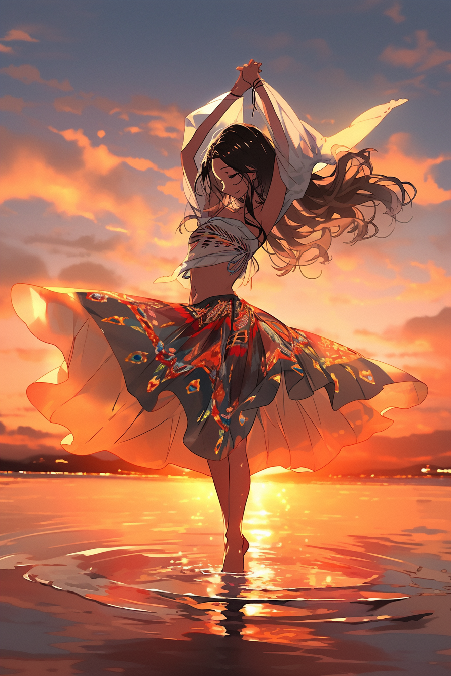 Midjourney prompt: An illustration of a dancer twirling on a beach, with golden sunset as the backg...