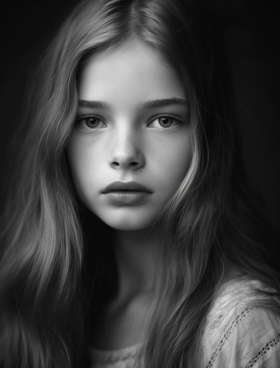 Midjourney prompt: a black and white photo of a woman with long hair, slavic girl, soft skin, 18 ye...