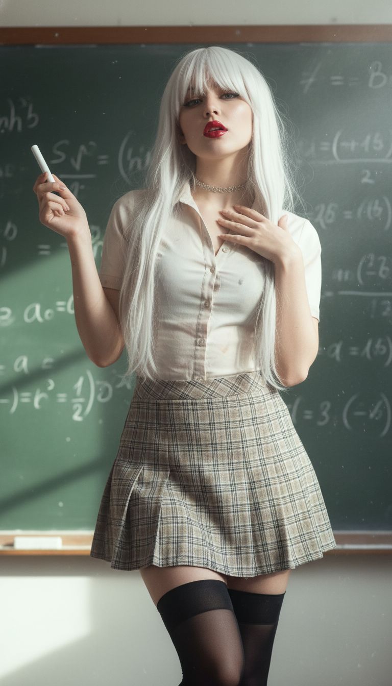 Nano Banana prompt: Alluring math teacher by the blackboard", "appearance": "Straight white - blonde...