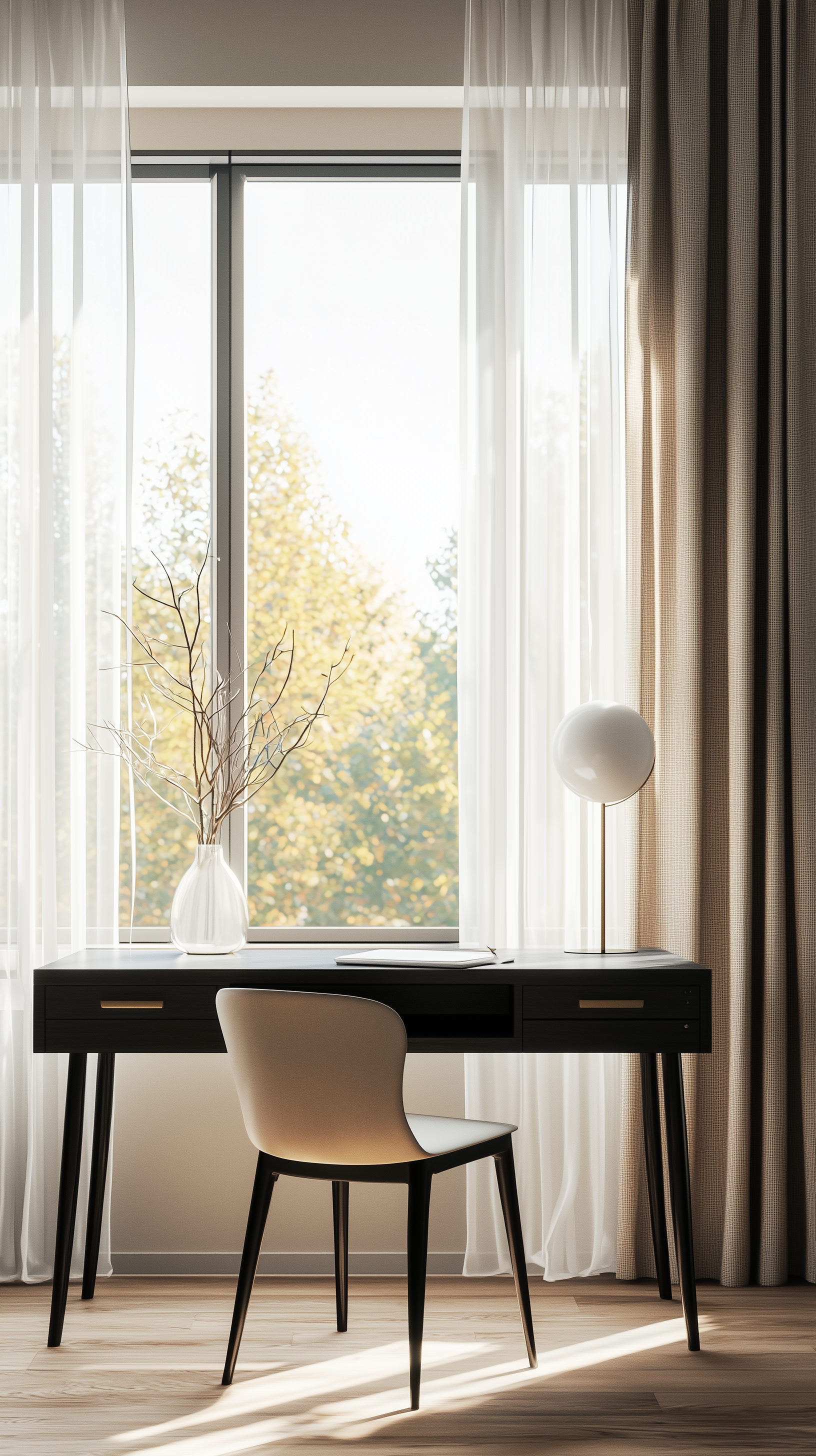 Midjourney prompt: photography, front composition, minimalist home office setup, large window with ...