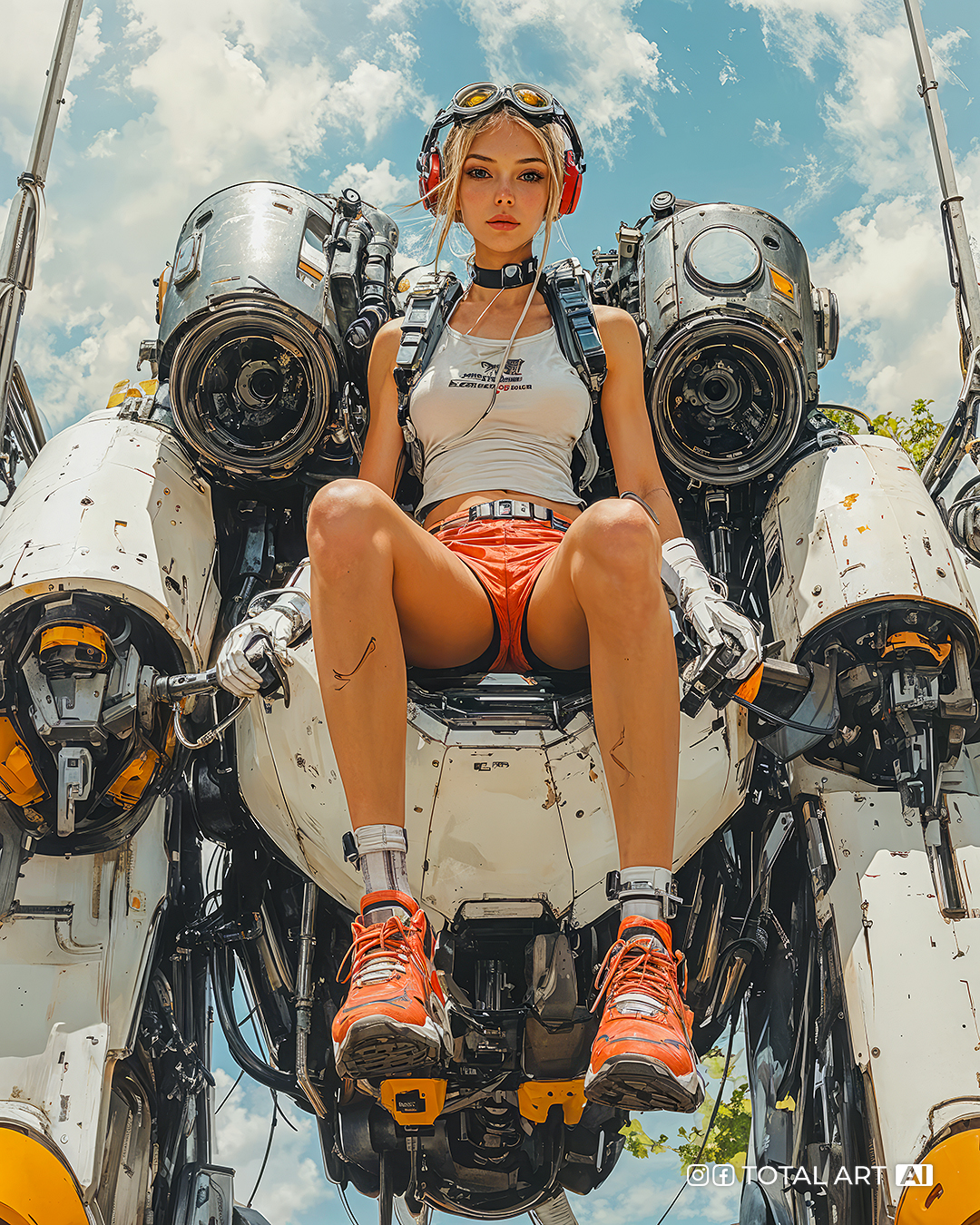 Midjourney prompt: A young beautiful European woman riding on the back of an electric robot, with o...