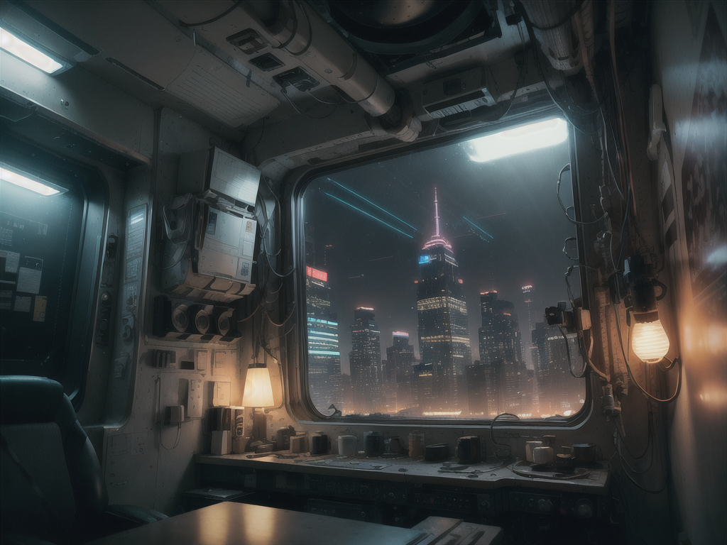 UnstableInkDream prompt: looking out through the window of a spaceship, flying through a futuristic neon-...