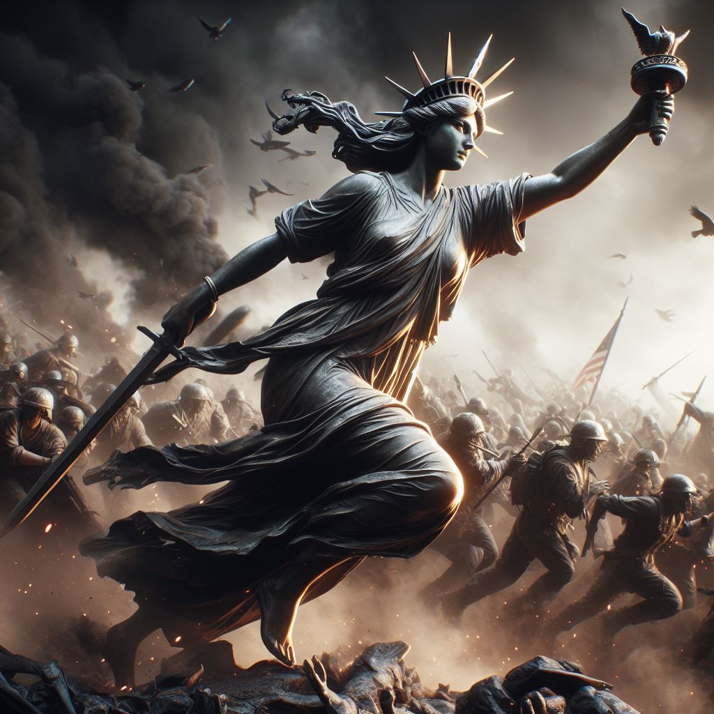 DALL·E prompt: a hyper-realistic 'Liberty Leading the People.' character design, smoke , photor...