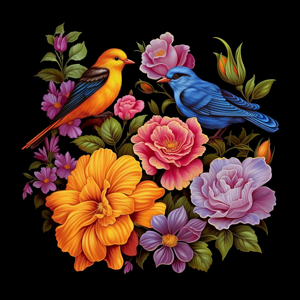 Midjourney prompt: A beautiful garden painting, flowers, birds, vector, tshirt illustration, by Art...