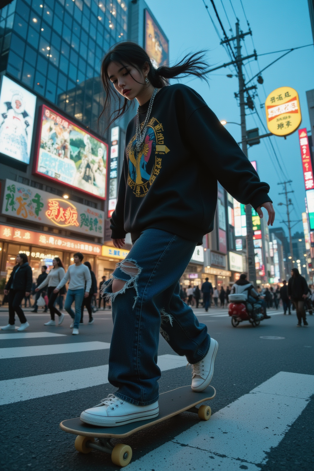 FLUX prompt: A dynamic, wide-angle, low-angle action photograph of a stylish young Japanese w...