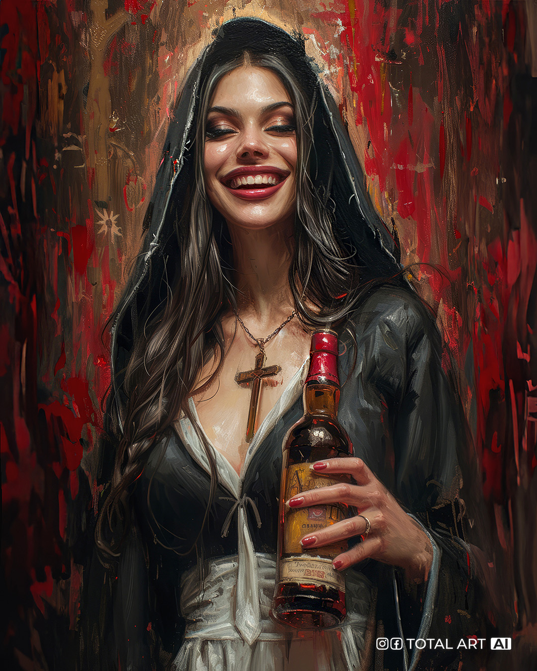 Midjourney prompt: An oil painting of full body smiling super model Alessandra Ambrosio in a nun bl...