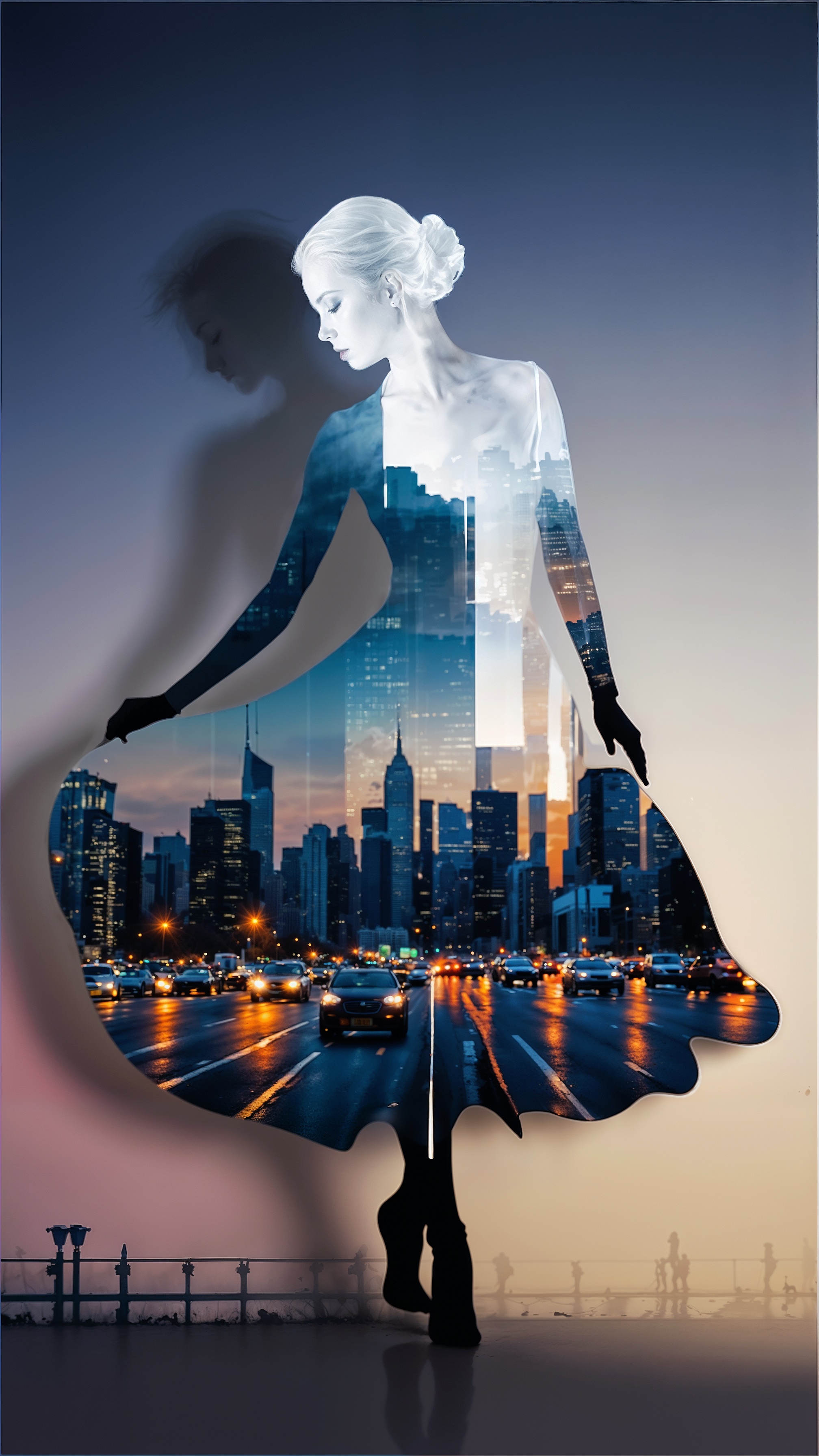 SD XL prompt: A striking 3D render featuring the silhouette of a woman, her profile and elegan...