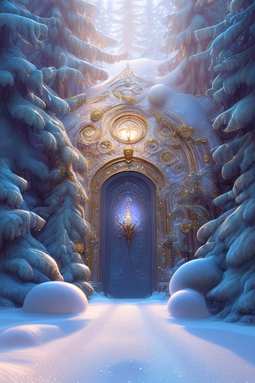 Openjourney prompt: mdjrny-v4 style, ethereal winter flowers, carved snow door at the end of snow st...