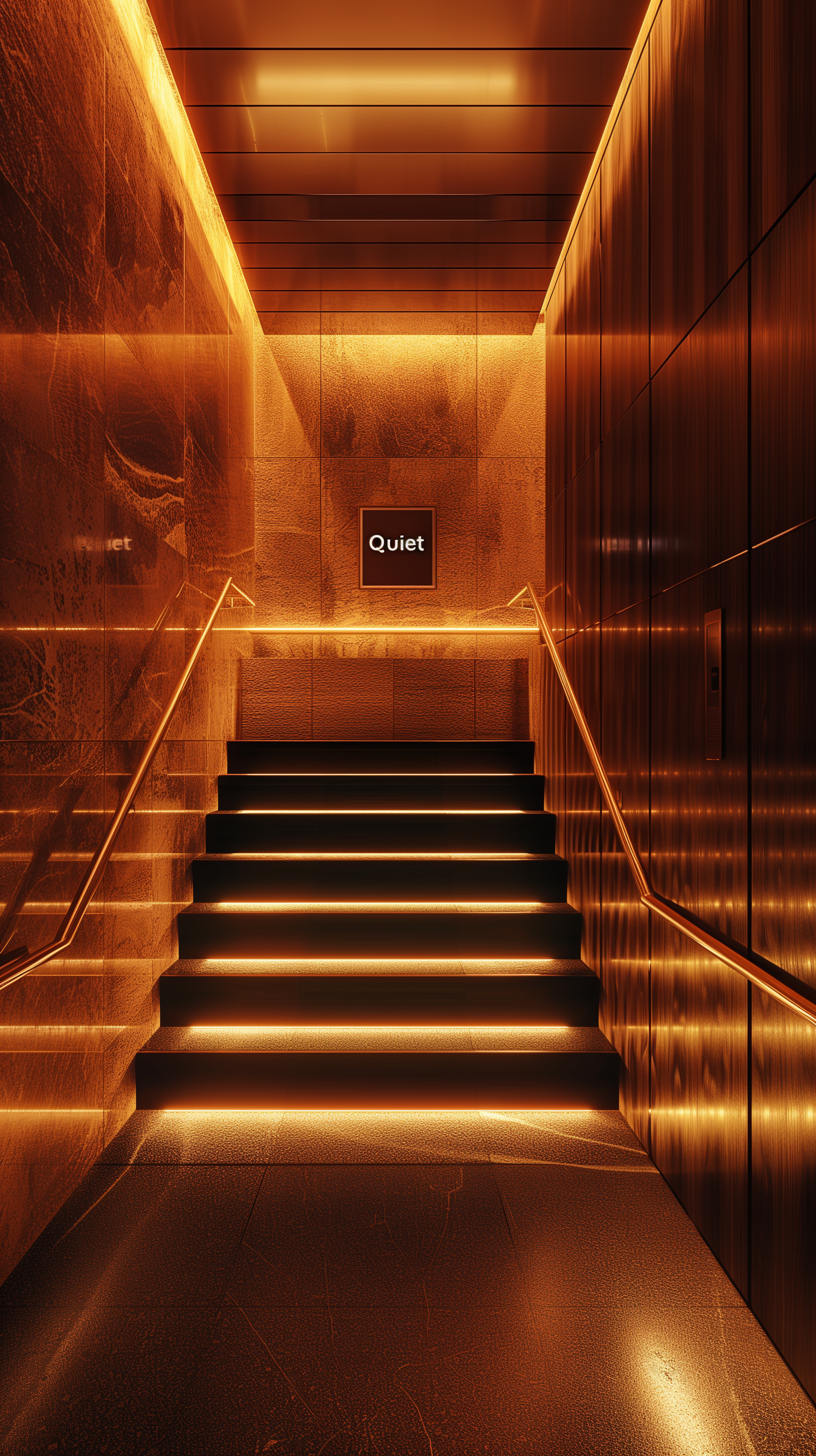 Midjourney prompt: photorealistic, atmospheric interior scene, focus is a stairwell bathed in warm,...