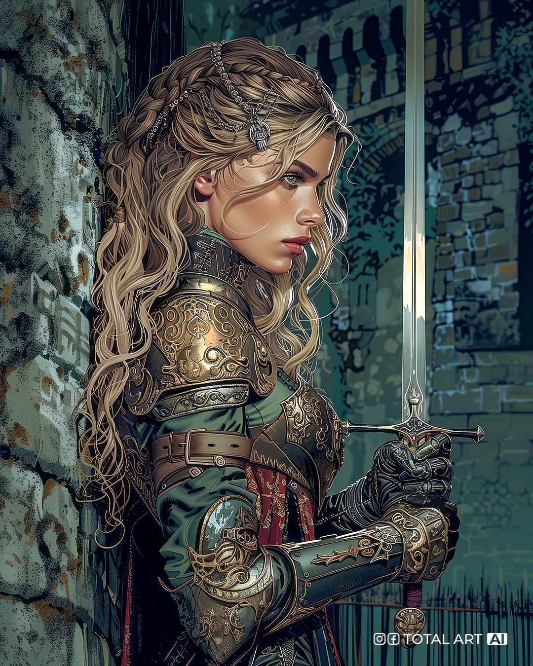 Midjourney prompt: Graphic novel, full body shot of side view of young beautiful European woman wit...