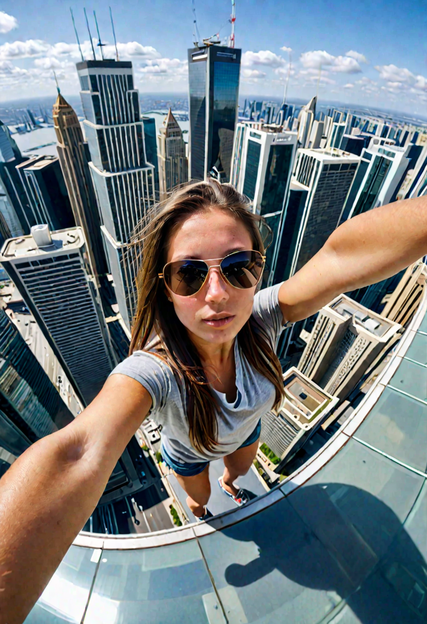 DreamShaper XL prompt: iphone photo selfie of a woman, from above, fisheye lens, perfect eyes, standing...
