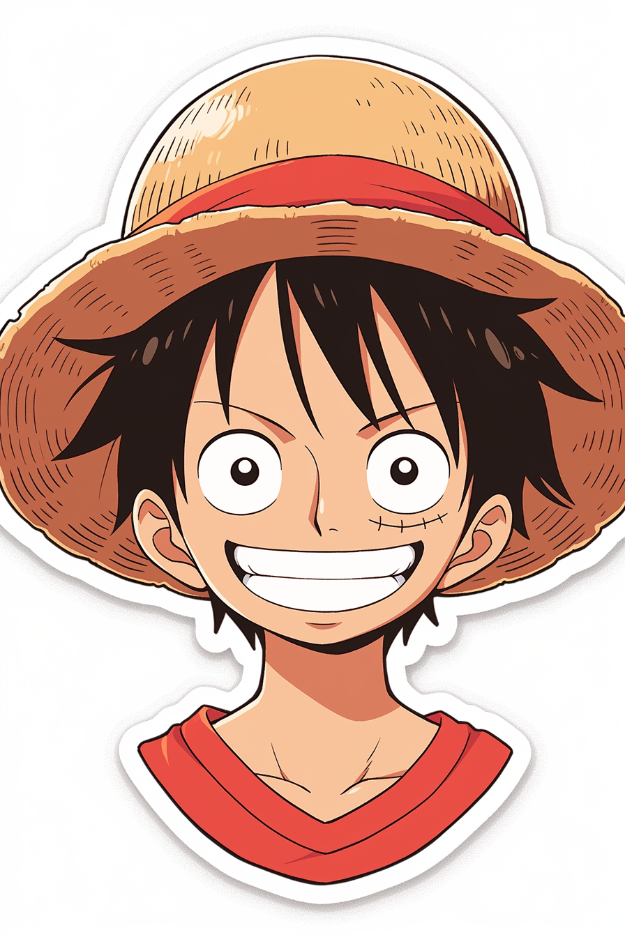 Midjourney prompt: a sticker of Monkey D. Luffy from one piece, straw hat, smirk, anime style, mini...