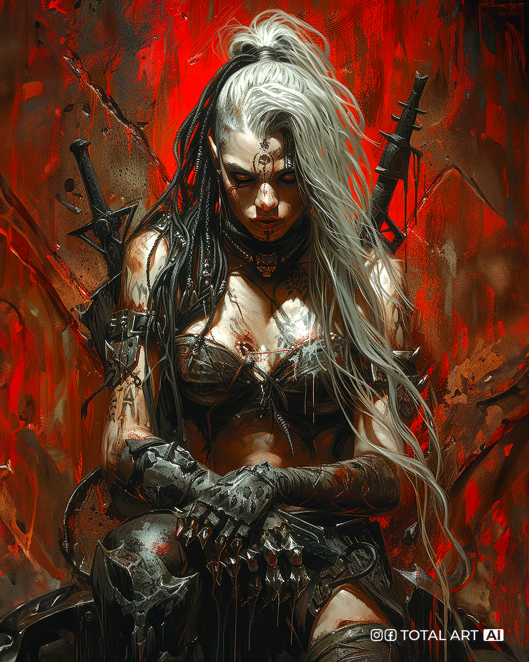 Midjourney prompt: Female vampire chaos space marine, holding a weapon, long black dreads, in the s...