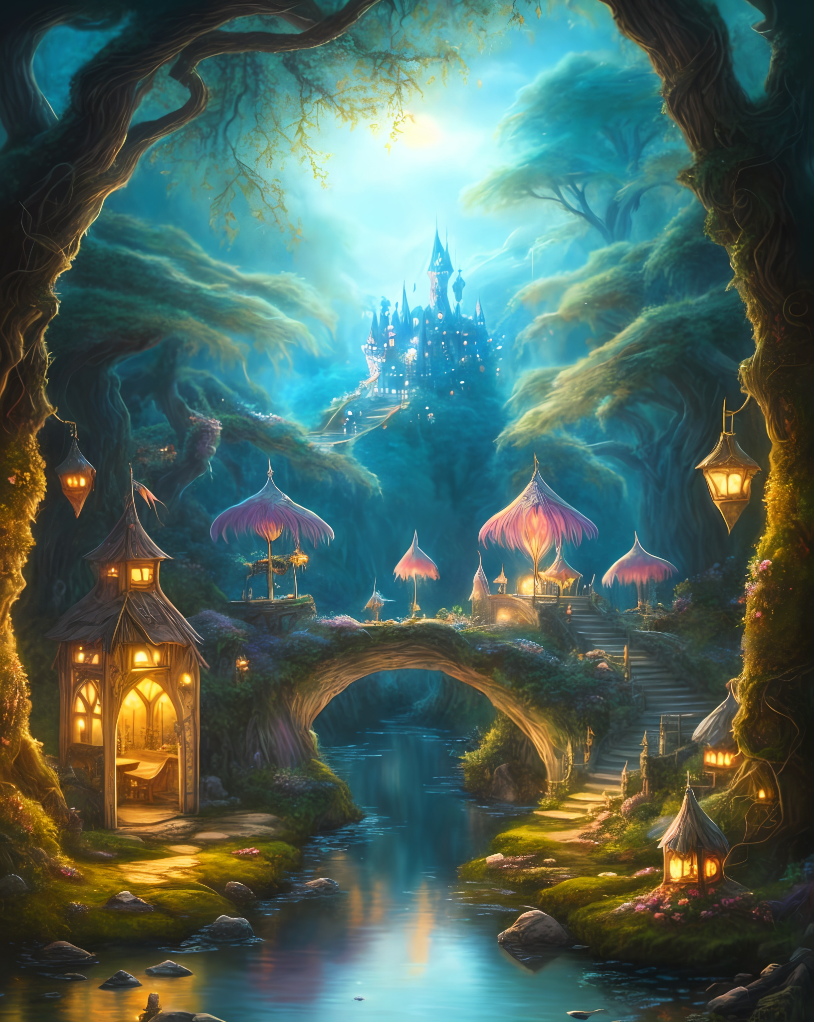 RPG prompt: a painting of a castle in the middle of a forest, fairyland bridge, enchanted ma...