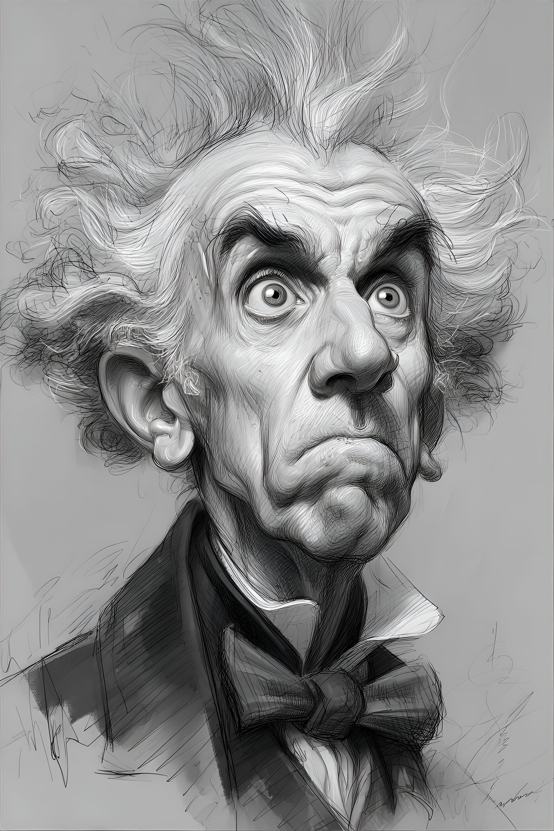 Midjourney prompt: funny caricature, eccentric artist caricature, male, caucasian ethnicity, 70 yea...
