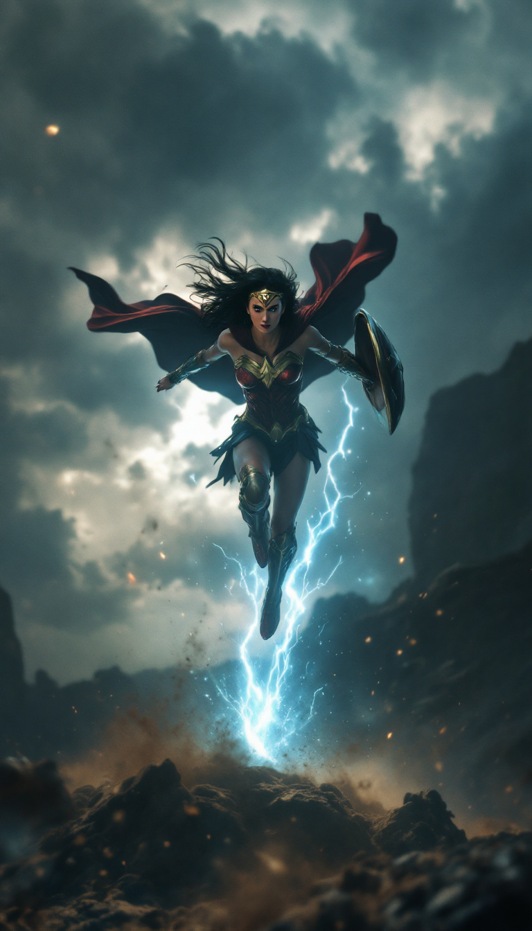 FLUX prompt: Epic slow-motion scene of a young female superhero inspired by Wonder Woman leap...