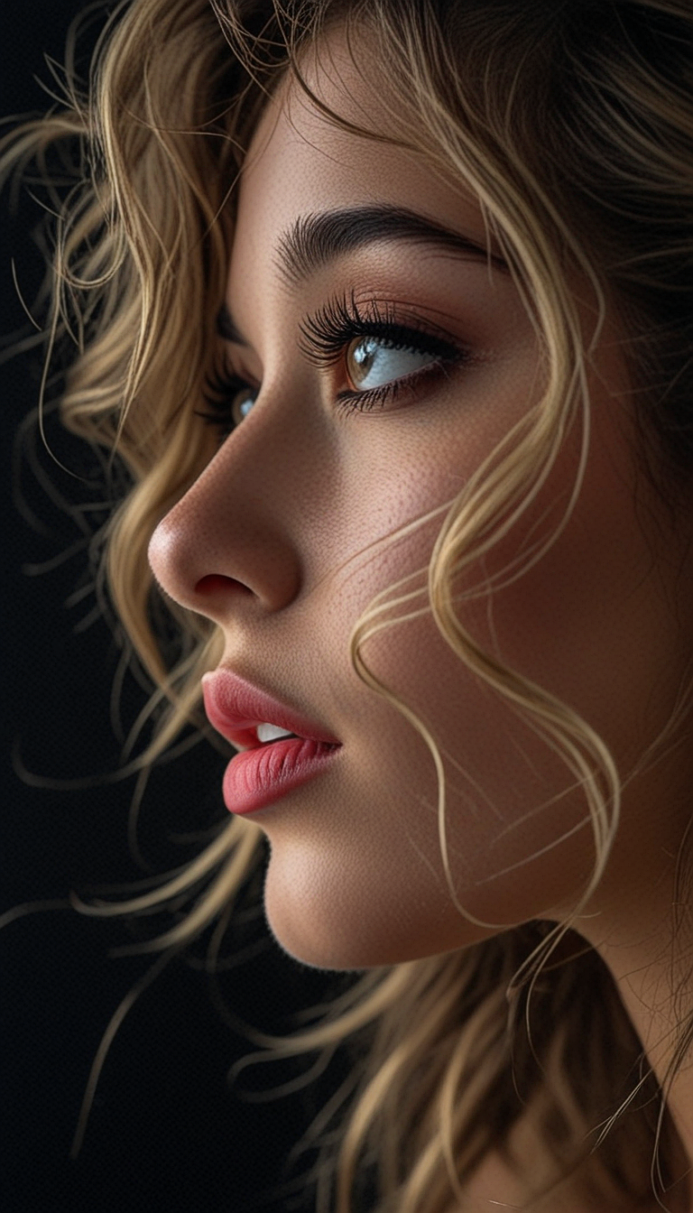 Juggernaut XL prompt: A close-up profile of a woman with fair skin, light pink lipstick, brown eyes, a...