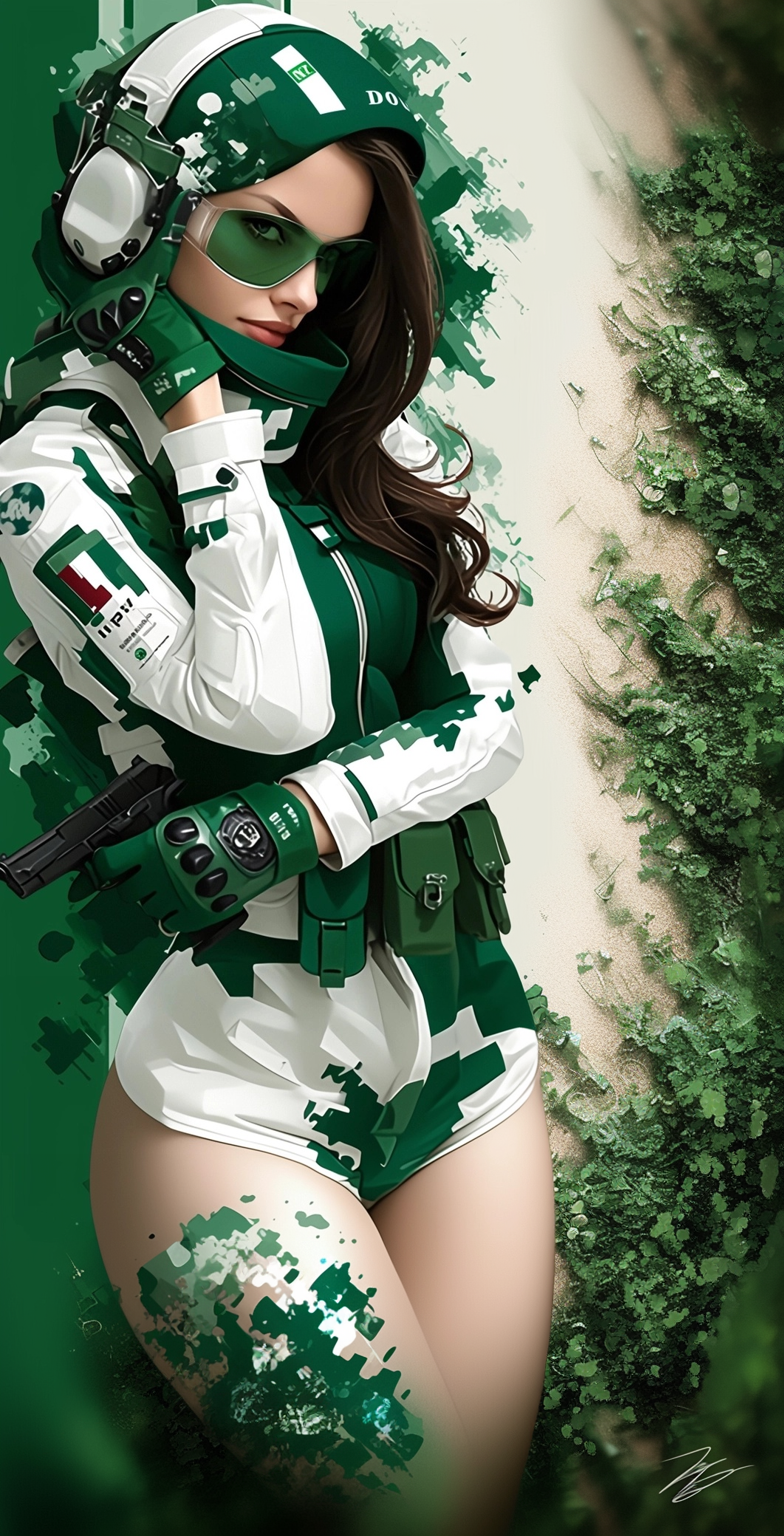 Midjourney prompt: A pretty woman in a green and white uniform, wearing cyberpunk military gear and...