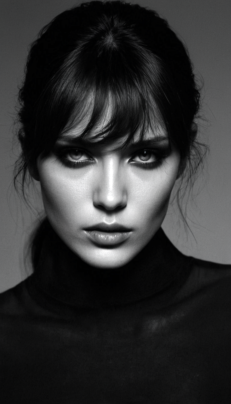 Stable Diffusion prompt: black and white photography, fashion editorial, a portrait of beautiful woman is...