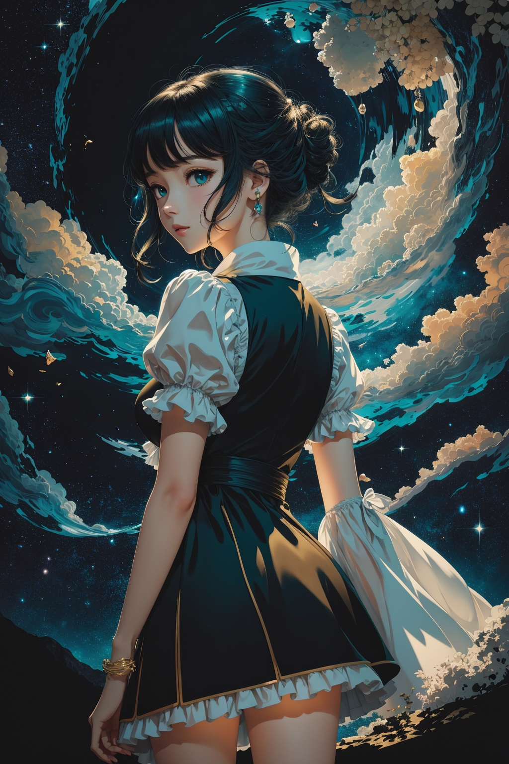 DreamShaper prompt: illustration portrait, negative moon cloud starry night theme design contrast te...
