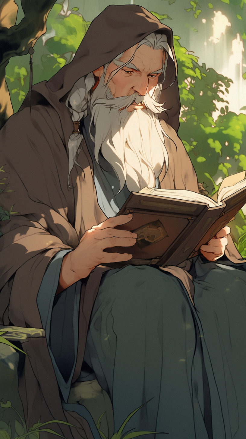 Midjourney prompt: A picture of a wise, knowledgeable old man holding a book, Disney wizard referen...