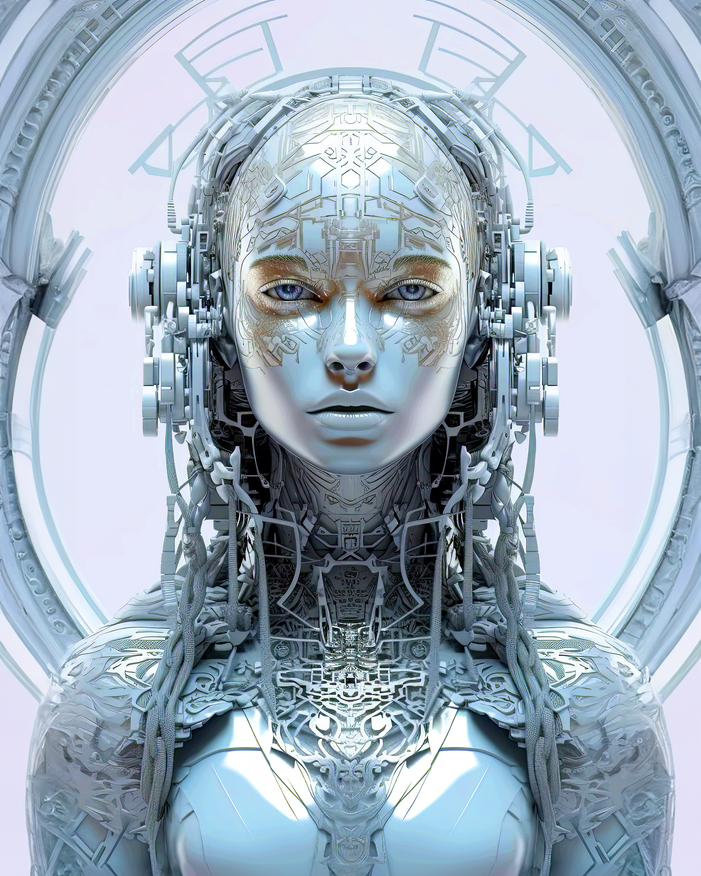 Midjourney prompt: a fashion artist creates a digitally styled portrait of a female with a white bo...